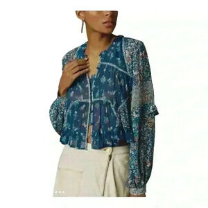 Anthropologie NWT Boho Blue Floral Sheer Babydoll Cropped Oversized Blouse XS